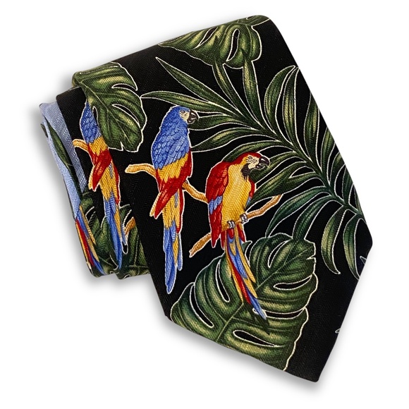 Vintage Silk Necktie by Tango Tropical Parrots Macaws Leaves Tiki Black Formal - Picture 1 of 5